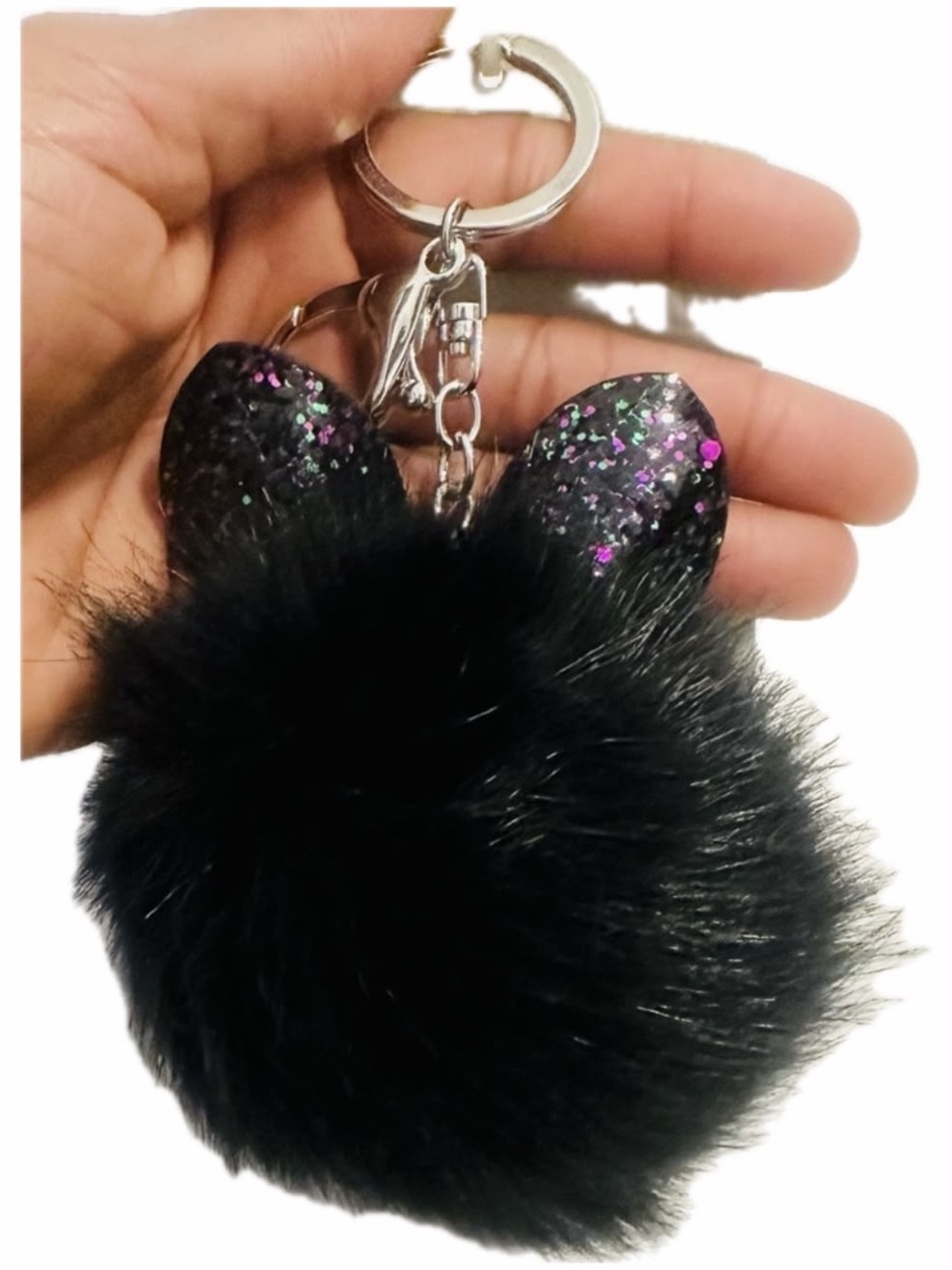 Black Glitter Ears Fluffy Ball Key Ring